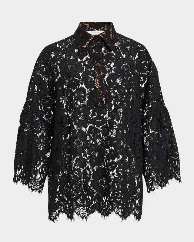 Floral Lace Flare-Sleeve Button-Down Shirt
